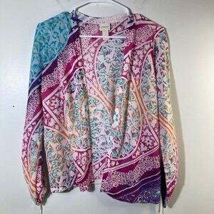 Womens Chicos Lightweight Open Cardigan Ruched Sleeves Medallion Floral M